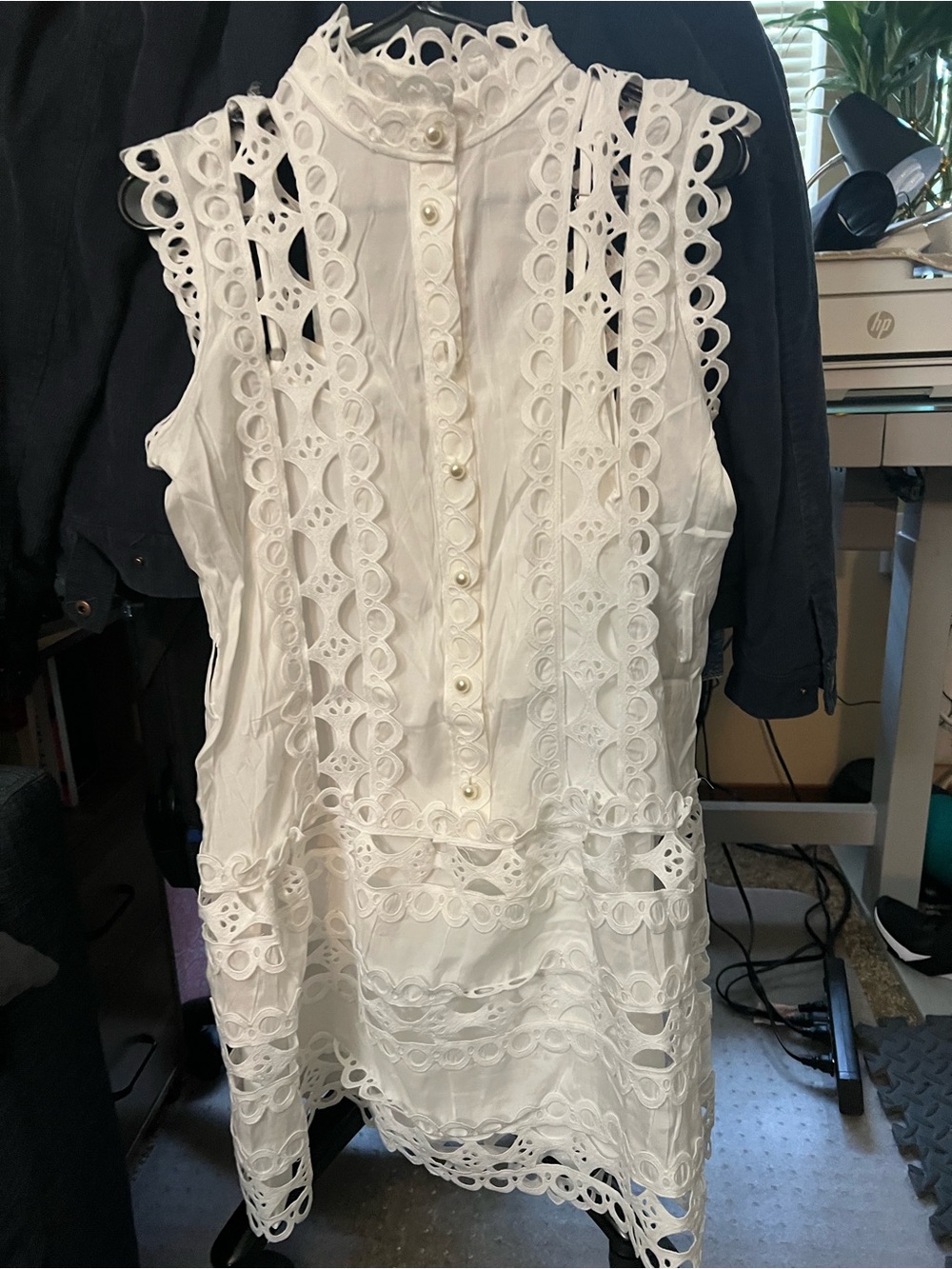 White Eyelet Lace Cutout Mini Dress w/ Slip Lining Waist Tie NWOT